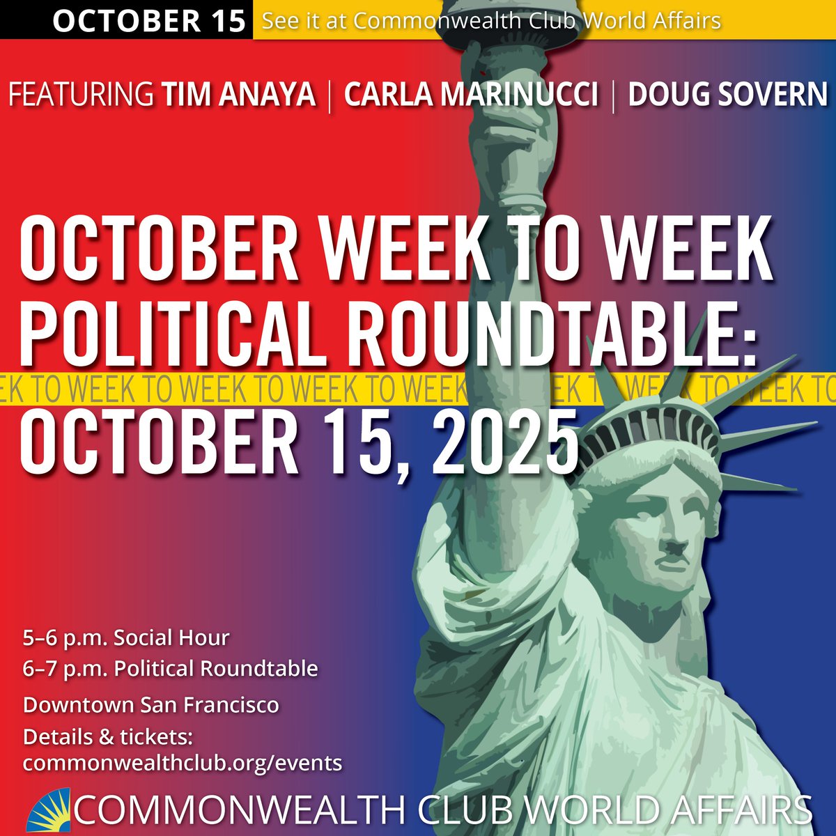 From ICE to #Prop50 to National Guards and beyond, join us Oct. 15 in downtown San Francisco for a lively political roundtable &amp; social hour; panelists: <a href="/TimAnaya/">Tim Anaya</a>  <a href="/cmarinucci/">Carla ‘Bluechecked’ Marinucci</a> &amp; <a href="/SovernNation/">Doug Sovern</a> 

Details &amp; tickets: commonwealthclub.org/events/2025-10…
