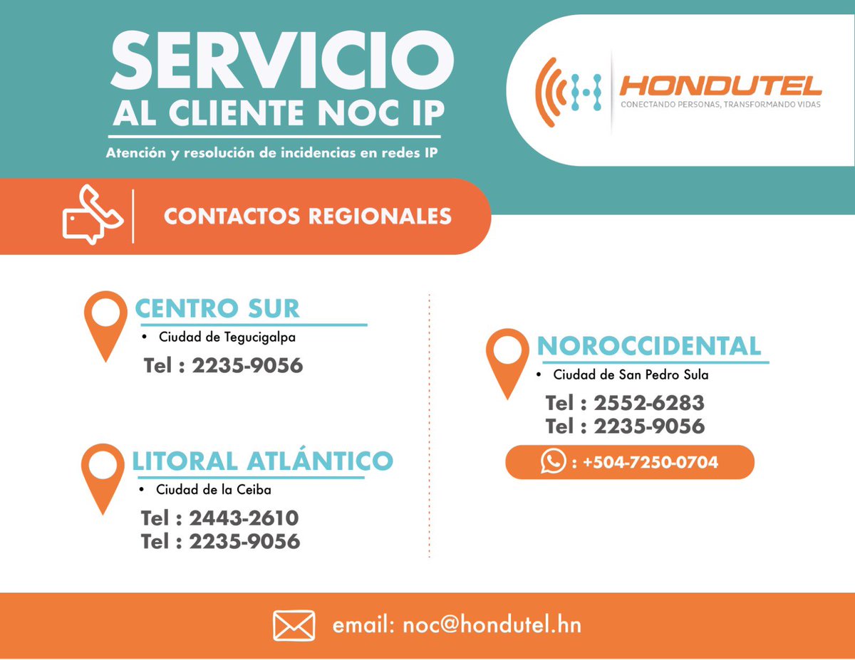 HONDUTEL pone a tu disposición el Servicio al Cliente NOC IP, especializado en la atención y resolución de incidencias en redes IP. 👇🏻