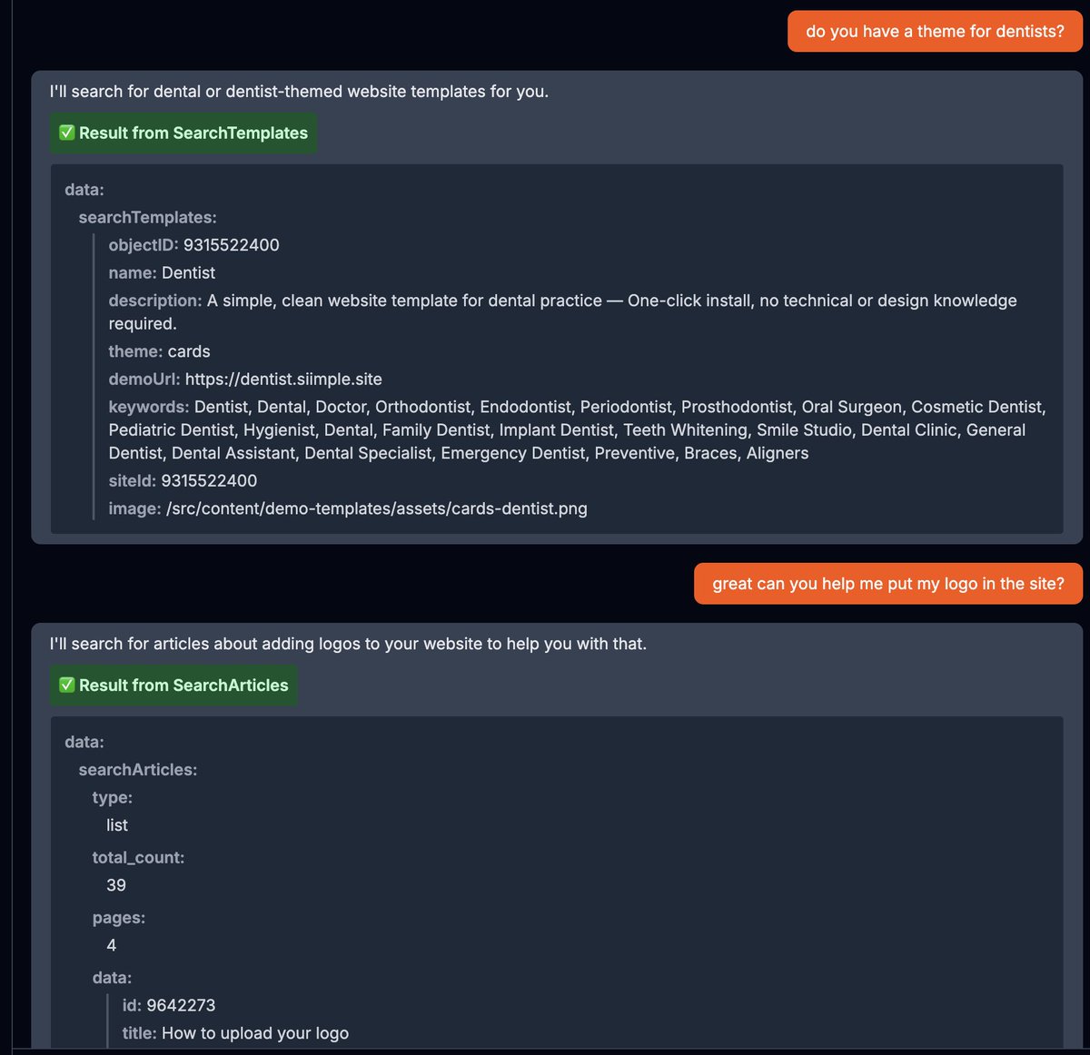 getsiimple's tweet image. Just finished our project for the @apollographql @goose_oss hackathon!
We created an MCP server that gives AI agents access to Siimple's website templates and help docs. AI will be able to search and show users site inspiration and answer questions about customizing their site!