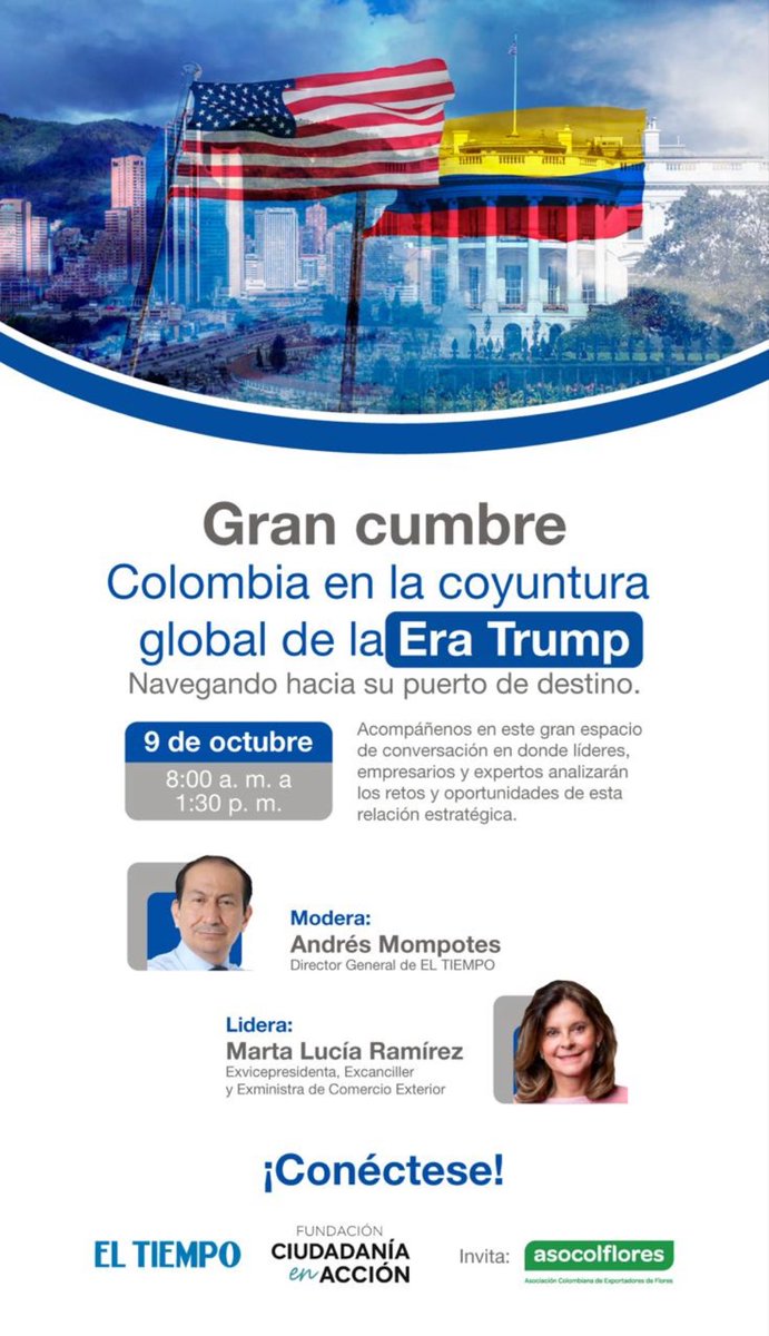 Este jueves 9 de octubre participaré como panelista en el foro sobre “Colombia en la coyuntura global de la era Trump”, en el cual analizaremos las relaciones bilaterales con EE. UU. hacia futuro. ¡Bienvenidos a unirse! <a href="/mluciaramirez/">Marta Lucía Ramírez.</a> <a href="/amompotes/">Andrés Mompotes</a> <a href="/asocolflores/">ASOCOLFLORES</a> <a href="/ELTIEMPO/">EL TIEMPO</a>