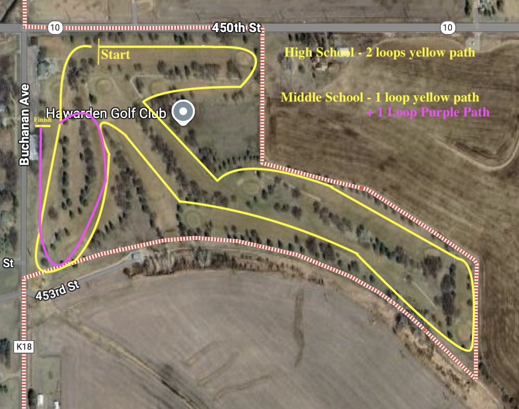 XC Meet Info
Thursday, October 9th
West Sioux Invitational
Hawarden Municipal Golf Course - Hawarden, IA
JH Boys &amp; Girls - 4:30
JV/V Girls - 5:00
JV/V Boys - 5:45
Approx Times

Medals: JH -10, JV - 10, V - 15

Out at 2:15, 🚍 at 2:30