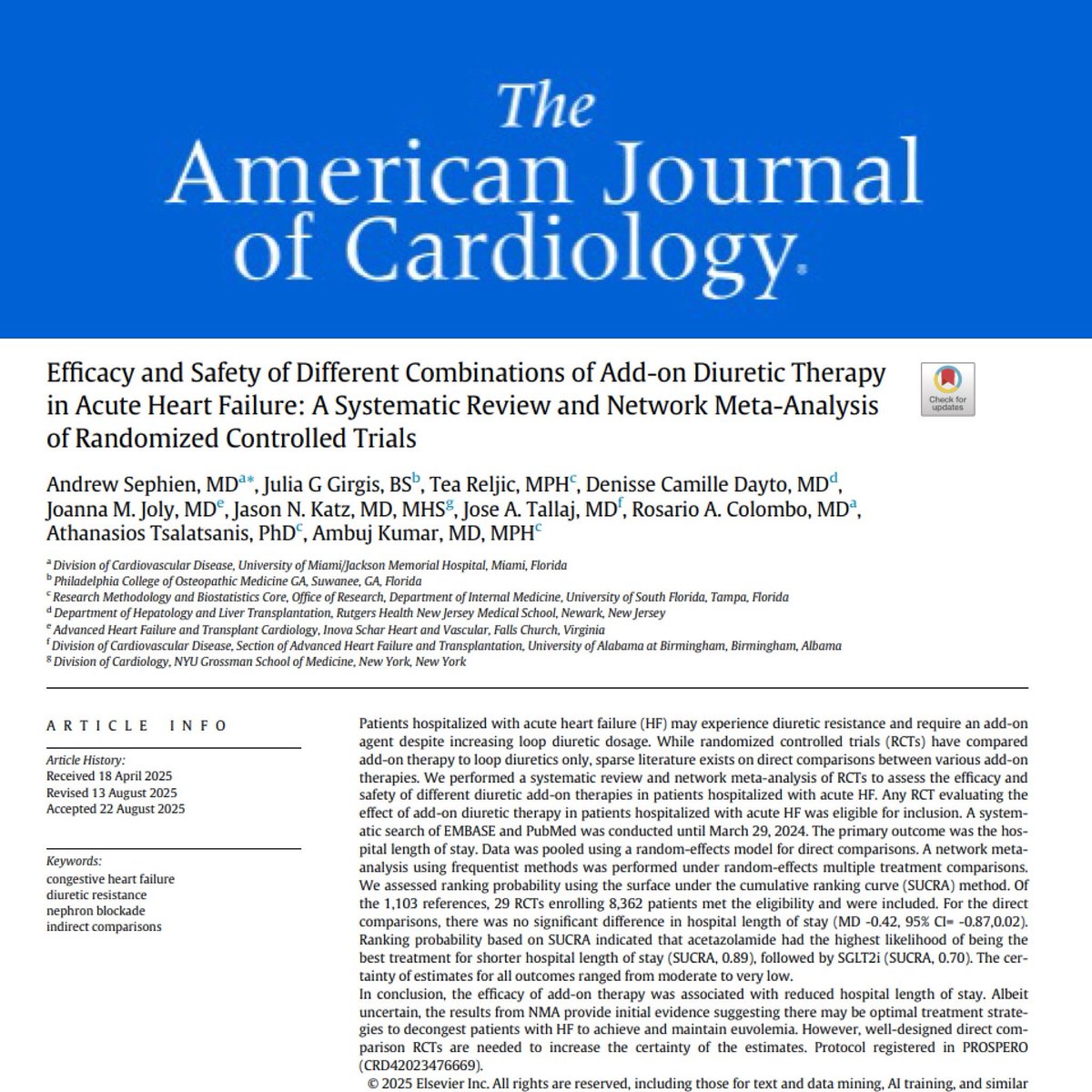russcolombomd's tweet photo. Congrats to our fellow @SephienMD and team for his newest first author publication in the American Journal of Cardiology reviewing add-on diuretics for treatment of patients with acute heart failure 🫀 

https://t.co/rCiPnmKwbM https://t.co/LBA3MsdlQ4