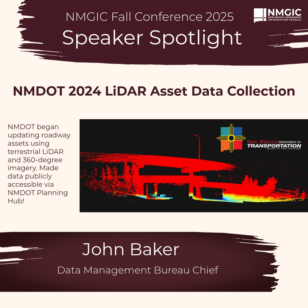 NMGIC SPEAKER SPOTLIGHT: John Baker, <a href="/NMDOT/">NMDOT</a>  will present the 2024 LiDAR roadway asset data collection project at the NMGIC Fall Conference. Don’t miss this deep dive into cutting-edge geospatial tech!
#NMGIC #LiDAR #GIS #TransportationData nmgic.com/nmgic-fall-con…