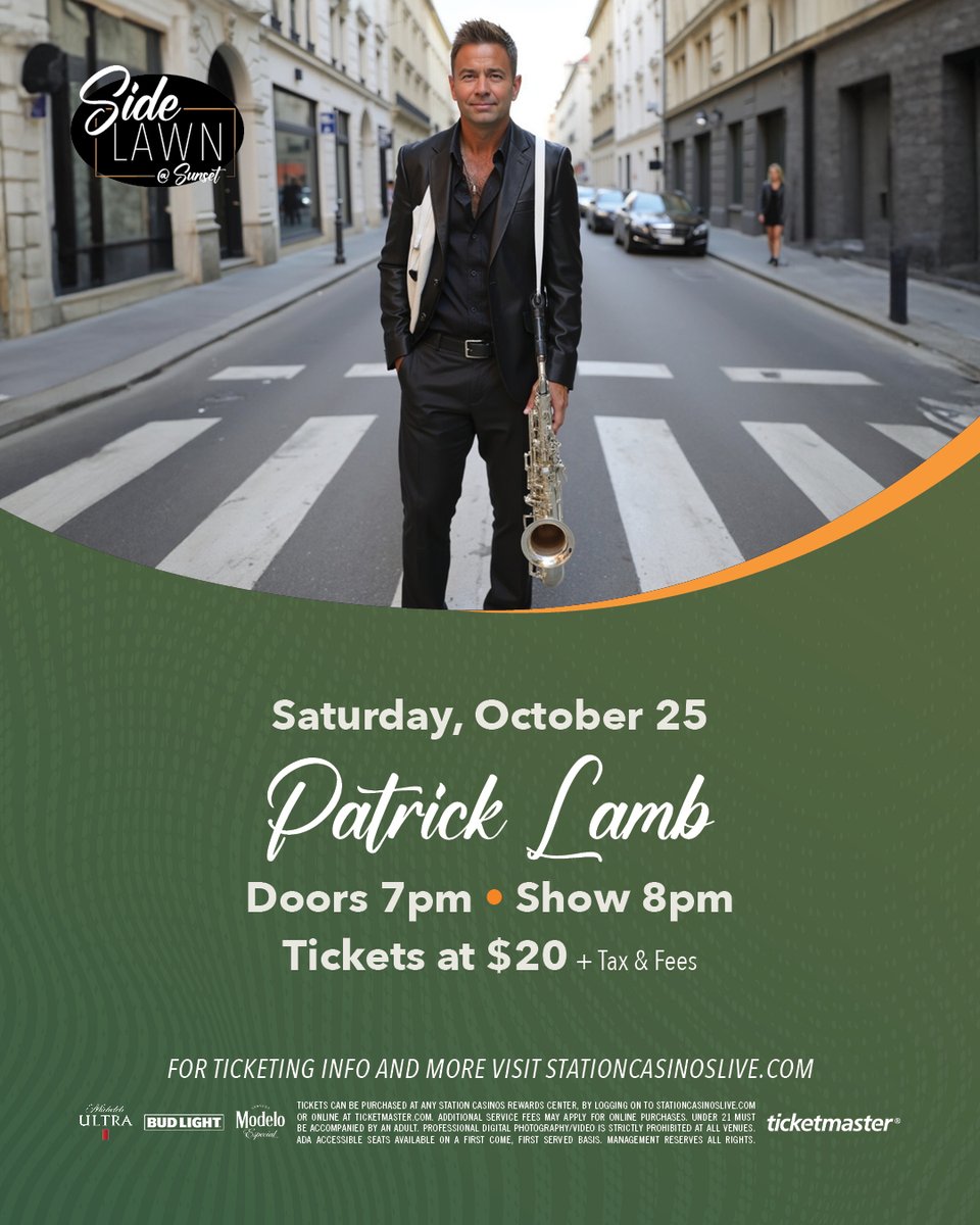 Get ready for an unforgettable night of smooth jazz. 🎷 Patrick Lamb is performing LIVE on the Side Lawn at Sunset Station on Saturday, October 25th.

Doors 7pm | Show 8pm 

Tickets at $20. Reserve today: bit.ly/3KwWKfA