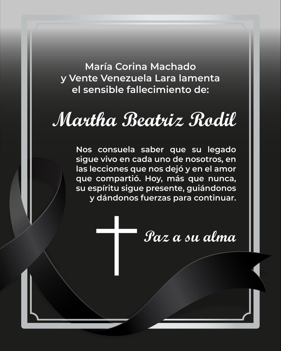 María Corina Machado y Vente Venezuela lamentan profundamente el fallecimiento de Martha Beatriz Rodil, nuestra querida Coordinadora de Comunicaciones del estado Lara.

Su compromiso, alegría y entrega dejarán una huella imborrable en nuestra lucha por la libertad.
Acompañamos a