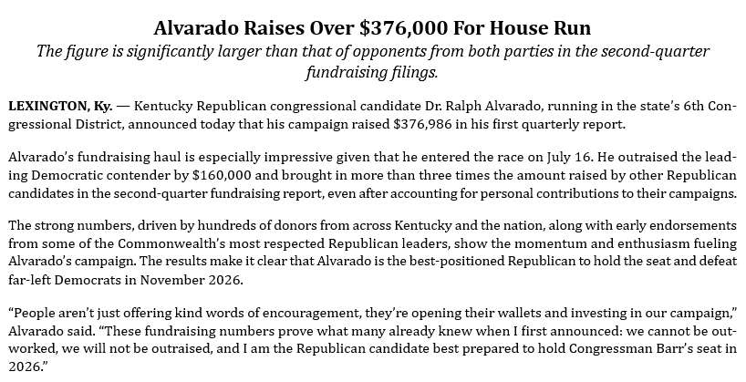 #INBOX | Republican #ky06 congressional candidate Ralph <a href="/AlvaradoForKY/">Ralph Alvarado MD</a> has raised $376,986 since he entered the race on July 16.
Alvarado's campaign says he has outraised the leading Democratic contender by $160,000 + brought in 3x more than the other GOP candidates in Q2.