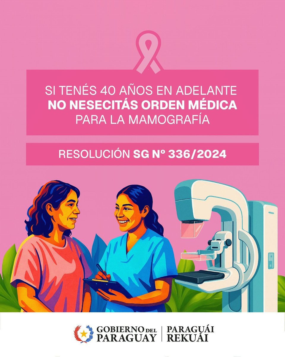 Si tenés 40 años o más, ya no necesitás orden médica para realizarte la mamografía 🩺✨

Gracias a la Resolución SG N.º 336/2024, podés acceder al estudio de forma directa en los servicios de salud habilitados.