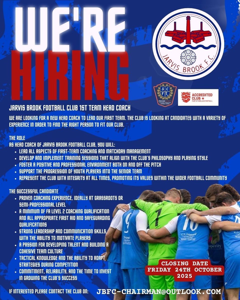 Head coach role.

We are now inviting applications for the role of first team head coach. 
Details of the role are below, and we ask that all applications are received by 5pm Friday 24th October.

Please contact JBFC-Chairman@outlook for more info and to send applications.
