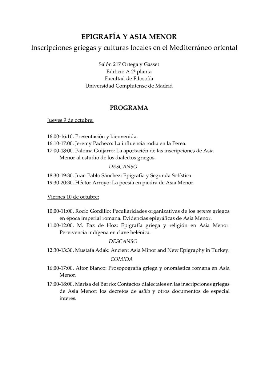 Nuestro compañero Aitor Blanco organiza los días 9 y 10, junto a M. Paz de Hoz (<a href="/ClasicasUCM/">Departamento de Filología Clásica UCM</a>) y Héctor Arroyo (<a href="/clasicas_uva/">Filología Clásica UVa</a>), el seminario "Epigrafía y Asia Menor. Inscripciones griegas y culturas locales en el Mediterráneo oriental" en la <a href="/unicomplutense/">Complutense</a>