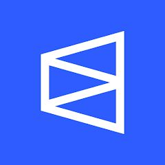 First image shows a blue background with white geometric shapes forming abstract angular patterns resembling stacked triangles and lines. Second image displays a white Bitcoin symbol on an orange background, rendered in a three-dimensional style with depth and shading.