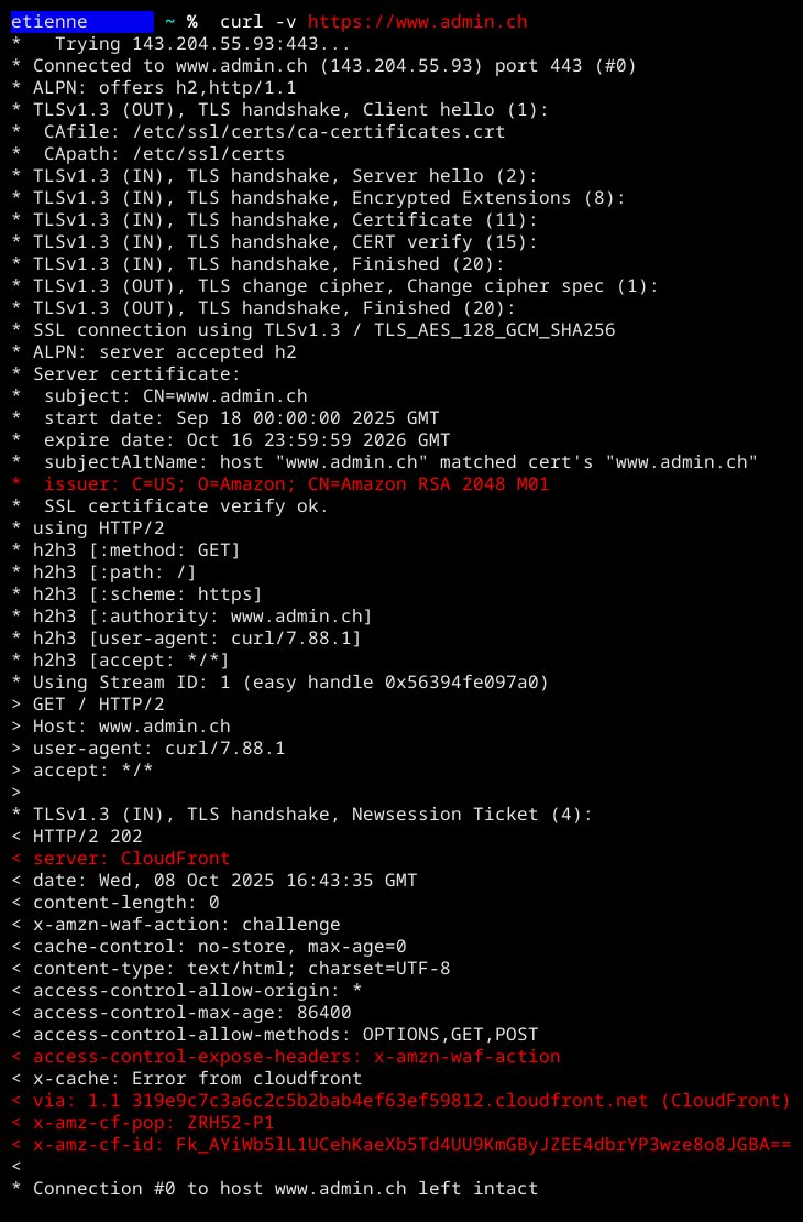 Avec cette image, vous pouvez voir que quand vous allez sur le site admin.ch, et bien vos données font un petit tour chez Amazon de Jeff Bezos.
Parce <a href="/SwissGov/">Swiss Federal Government</a> est totalement en contrôle de son infrastructure numérique.
Imaginez aller discuter des droits de douanes