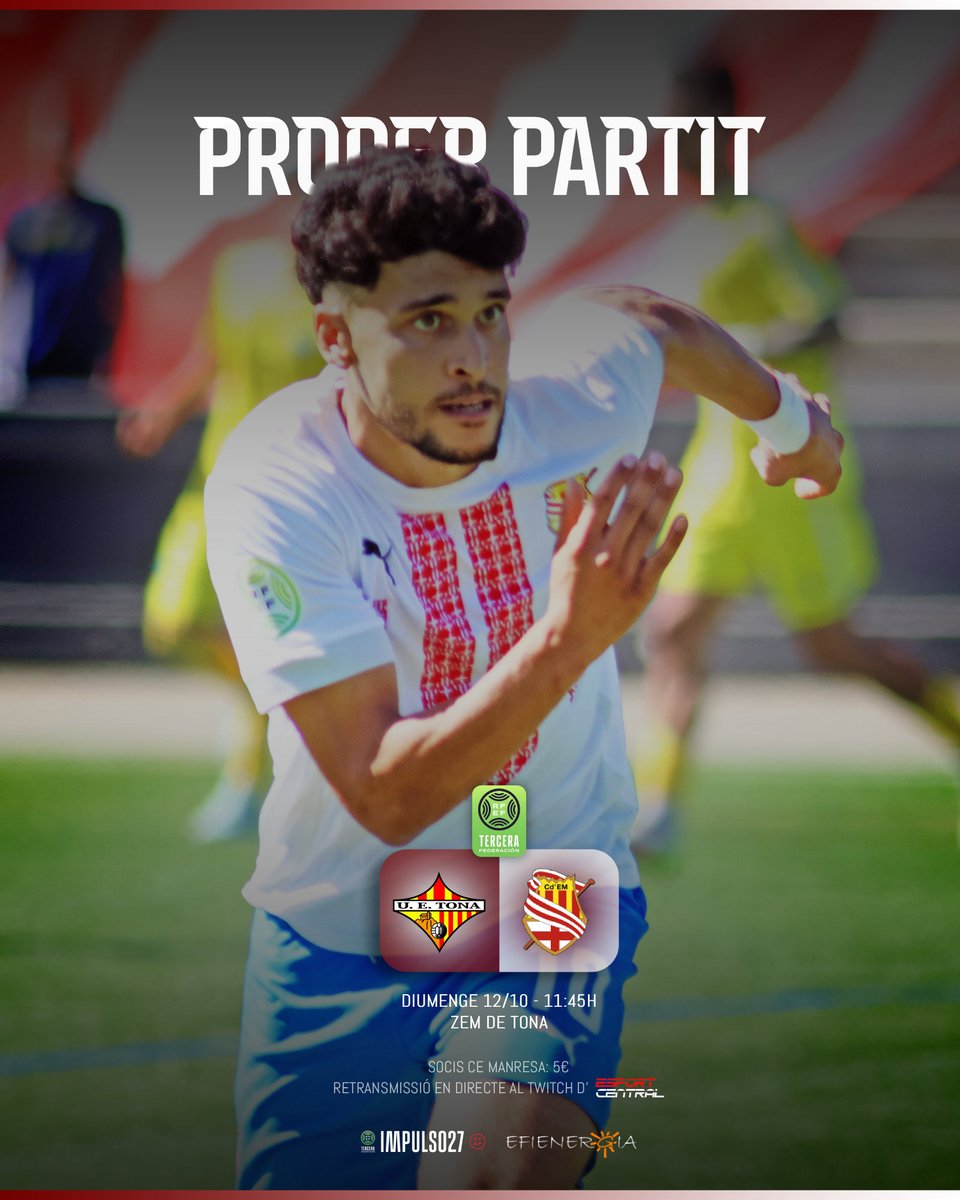 Cemanresa1906's tweet photo. 🔜 𝐏𝐑𝐎𝐏𝐄𝐑 𝐏𝐀𝐑𝐓𝐈𝐓

Volem retrobar-nos amb la victòria!

⚽️ Jornada 6 #3RFEF5
🆚 @FundacioUETona 
📅 Diumenge 12/10
🕒 11:45h
🏟️ ZEM de Tona
🎫 Socis CE Manresa: 5€
📺 Partit en directe al Twitch d’Esport Central 

#LaHistòriaContinua🔴⚪️ #TonaManresa https://t.co/CatNX749px