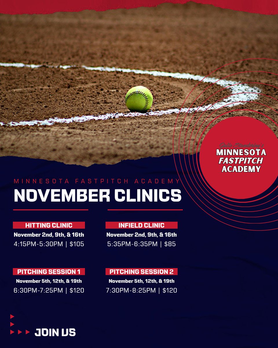 MinnesotaFA's tweet image. 🚨 November Clinics 🚨

Julie Standering's Minnesota Fastpitch Academy is thrilled to inform you on our upcoming clinics for the month of November.

Spots are filling fast, Sign up TODAY!

🔗minnesotafastpitchacademy.com/page/show/2560…