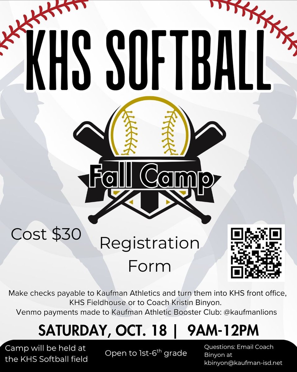 KHS Softball Fall Camp -
When: October 18th 9am-12pm
Who: Open to 1st-6th grade students
Where: KHS Softball Field
What to bring: Glove, Bat, Water

We hope to see you there!  #GoLions #LionFamily
forms.gle/ermY1dgiLmJ9tt…
