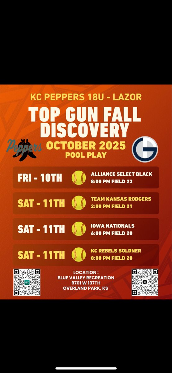 Schedule for this weekend‼️
<a href="/KCPeppers_Lazor/">KC Peppers 18s- Lazor (Varriano)</a> <a href="/CoachClosner/">𝐭𝐨𝐧𝐢 𝐜𝐥𝐨𝐬𝐧𝐞𝐫</a>