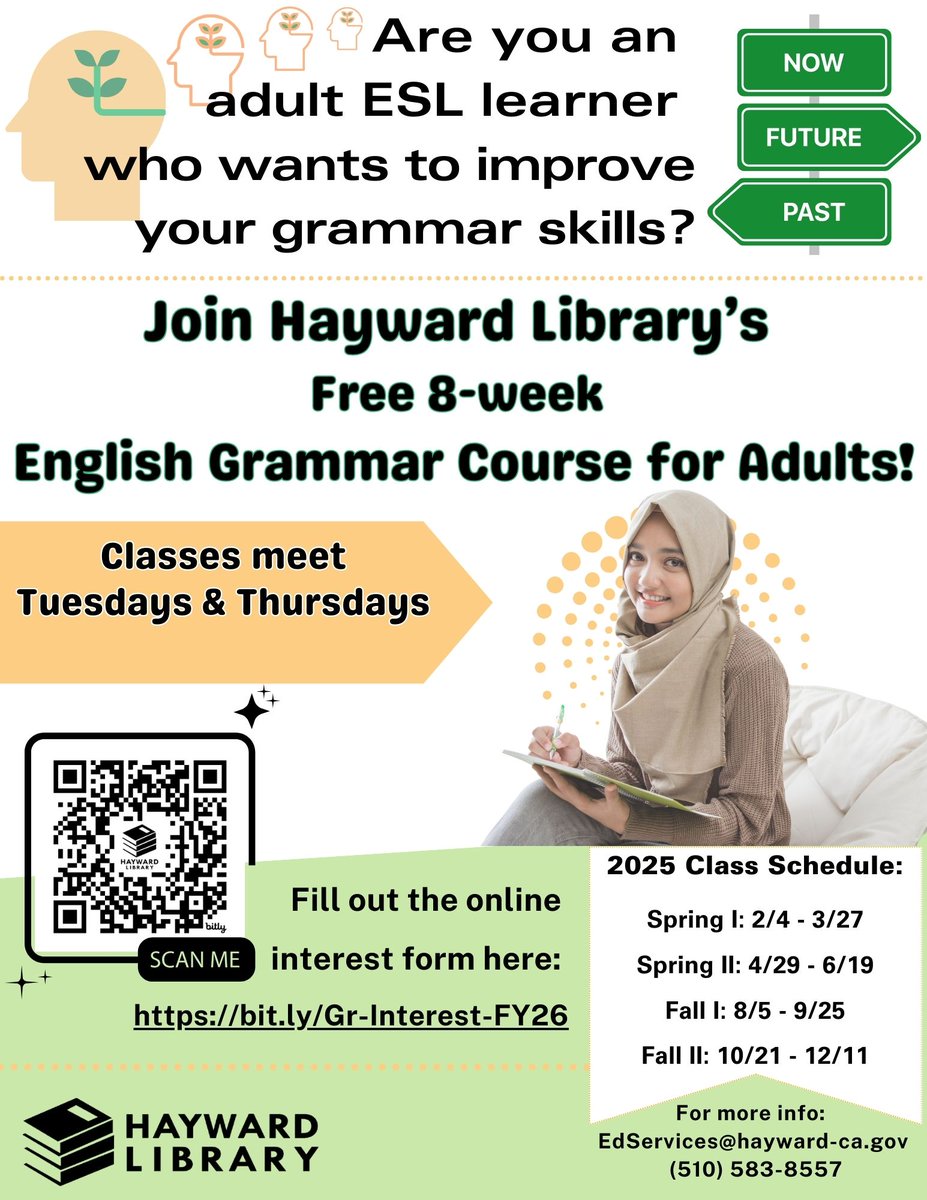 HaywardLibrary's tweet image. Want to improve your English? Join Our Free Grammar Class! 

🕐 When: 10/21 – 12/11
📆 Days: Tuesdays or Thursdays (based on level)
📍 Where: Downtown Hayward Public Library

Spots are limited! Register today: bit.ly/Gr-Interest-FY…