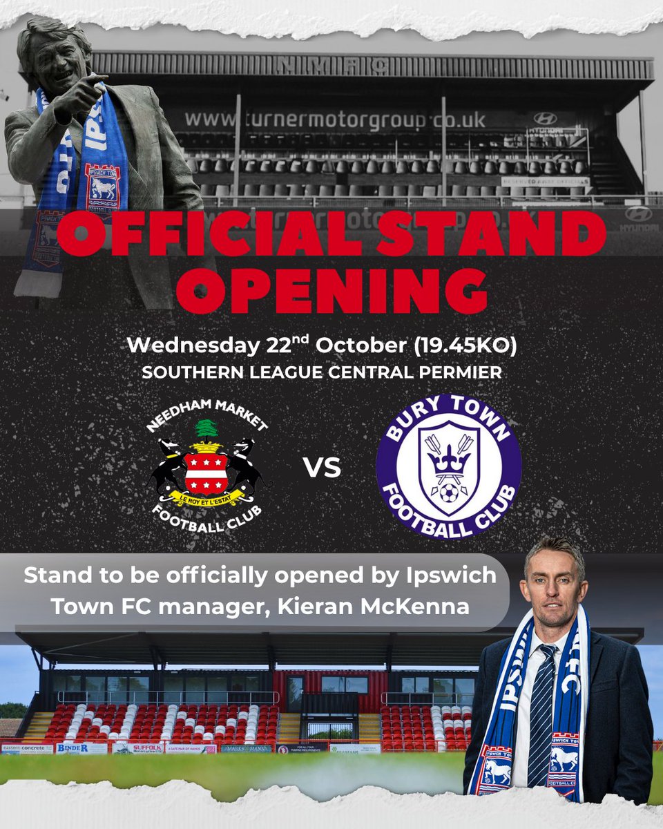 needhammktfc's tweet photo. The club are proud to confirm its official stand opening, to be opened by Kieran McKenna before our home game against Bury Town

https://t.co/Vp2qzoWUqj

#NeedhamMarketFC https://t.co/mBeVykGld8