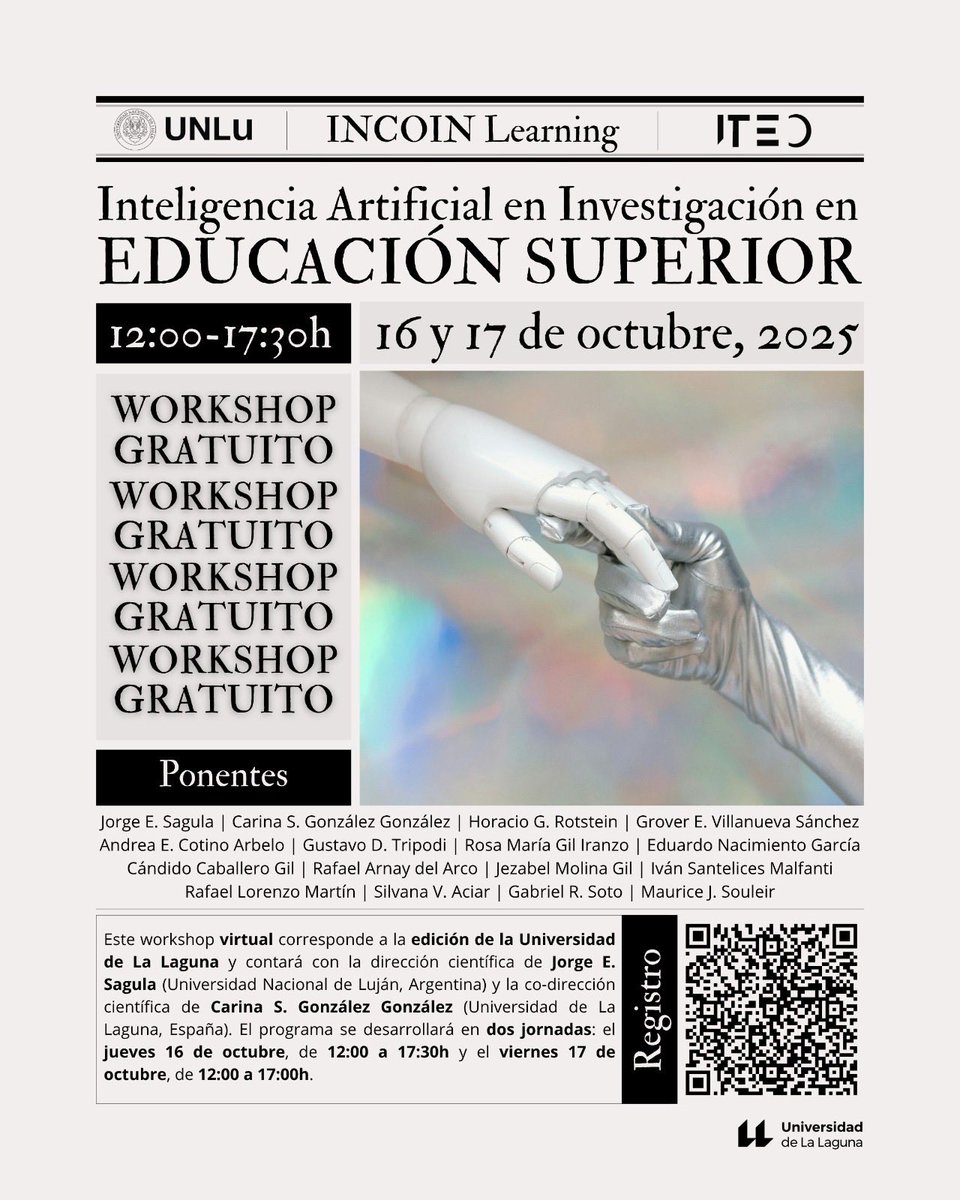 ited_ull's tweet photo. 🚀 ¡Llega el Workshop INCOIN LEARNING!
Descubre cómo la 🤖 #InteligenciaArtificial está transformando la investigación en educación superior

🗓️ 16–17 oct. | 12:00–17:30 h (Canarias) 👩‍💻 Virtual | ¡Gratuito y con certificado!
Organiza @ULL y @UNLuOficial 

https://t.co/J7789O9Kig https://t.co/vXA2jpHMEg