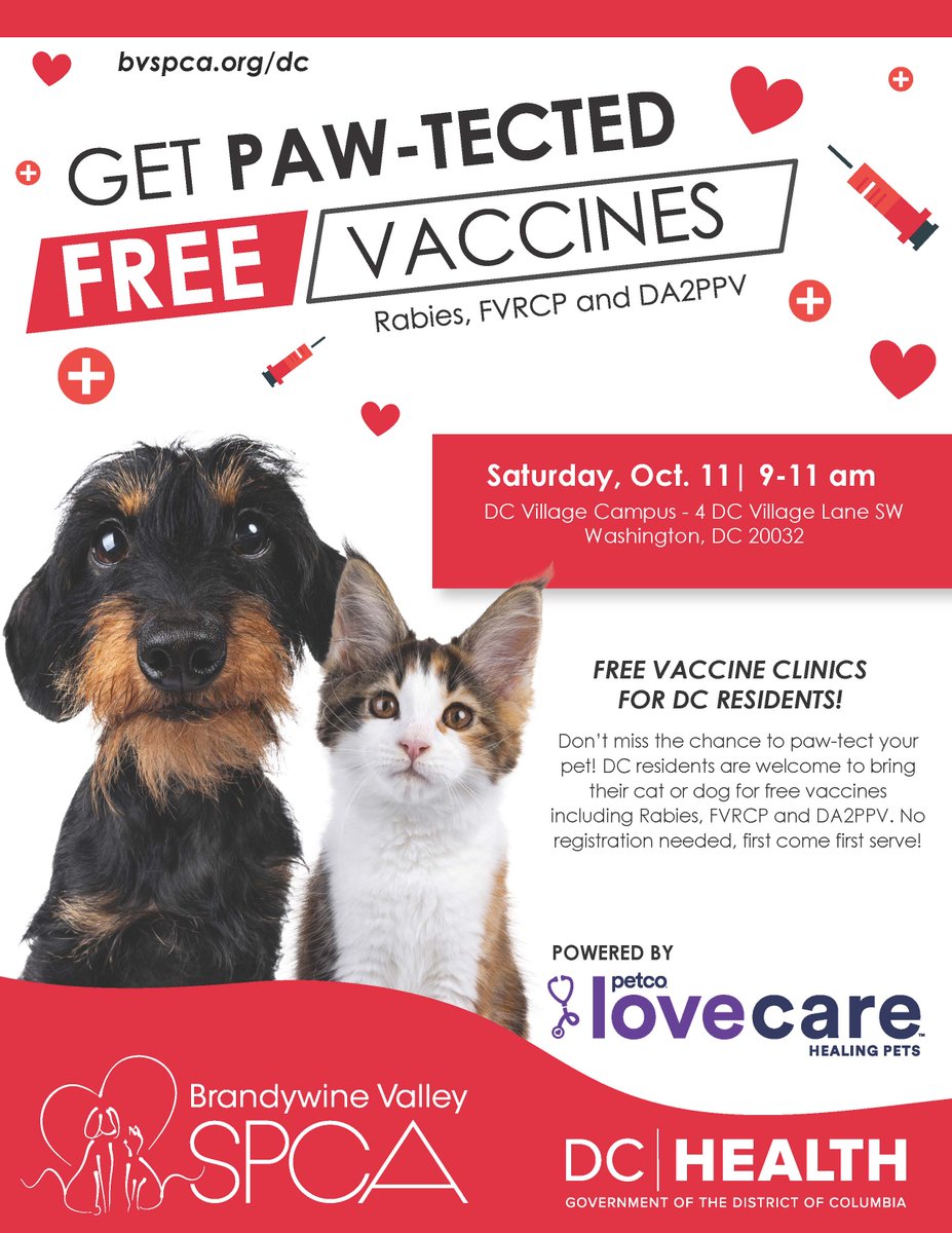 Our partner <a href="/BVSPCA_DC/">Brandywine Valley SPCA - Washington, DC</a> is offering FREE vaccines (rabies, DA2PPV &amp; FVRCP) to DC residents.  Saturday, October 11, from  9:00-11:00 am, DC Village Campus - 4 DC Village Lane SW. No registration needed, first come first serve!