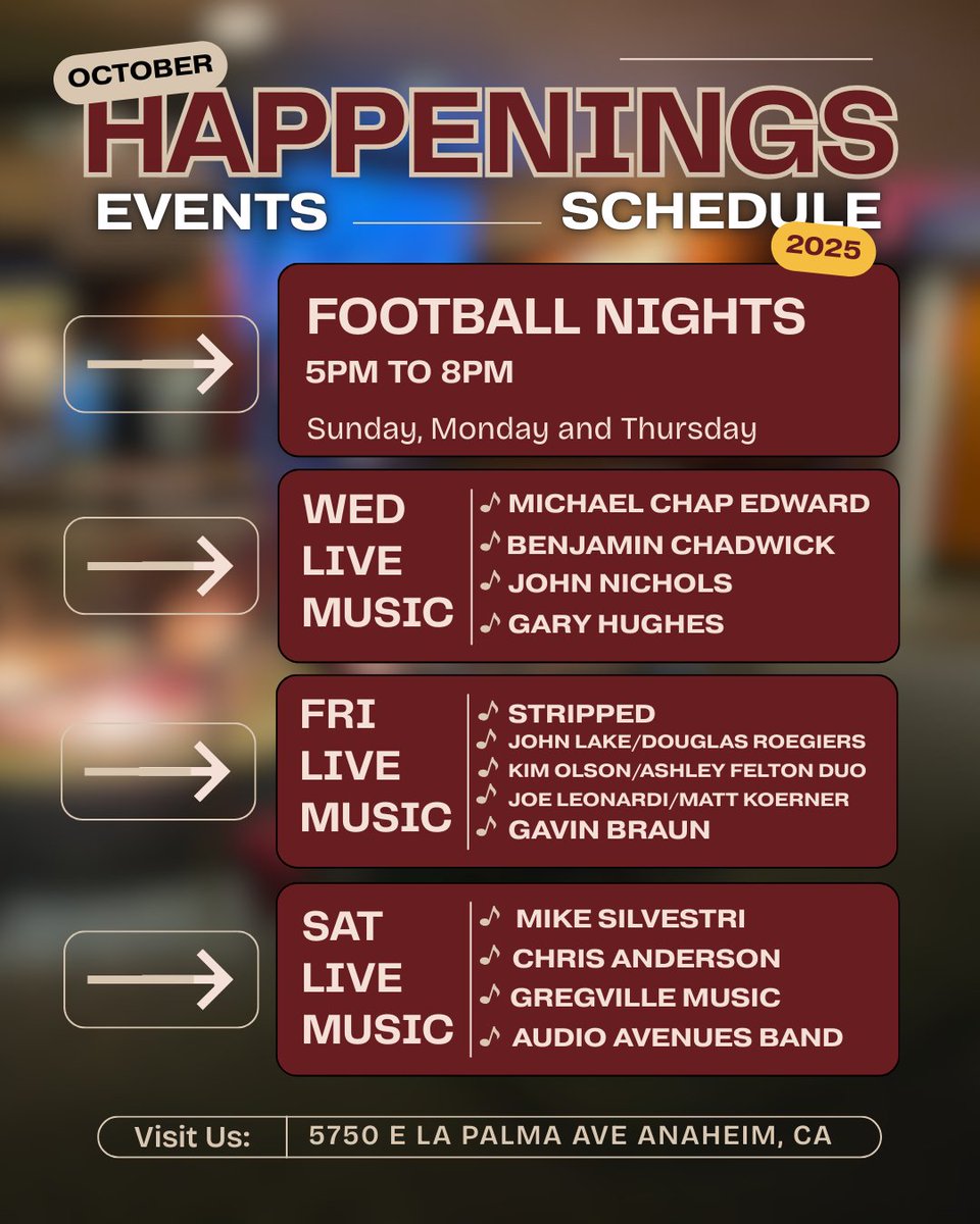 KenosAnaheim's tweet photo. October is packed with events at Keno's! 🎶🍴 Check out the lineup and join us for good times. 

#KenosRestaurant #KenosAnaheim #CommunityVibes https://t.co/GJetHNf9Xp