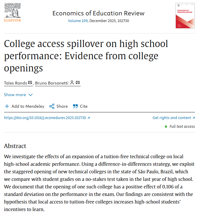 I'm really happy to see our paper "College access spillover on high school performance: Evidence from college openings", joint work with Tales Rands, published at Economics of Education Review. (1/4)

Paper: doi.org/10.1016/j.econ…