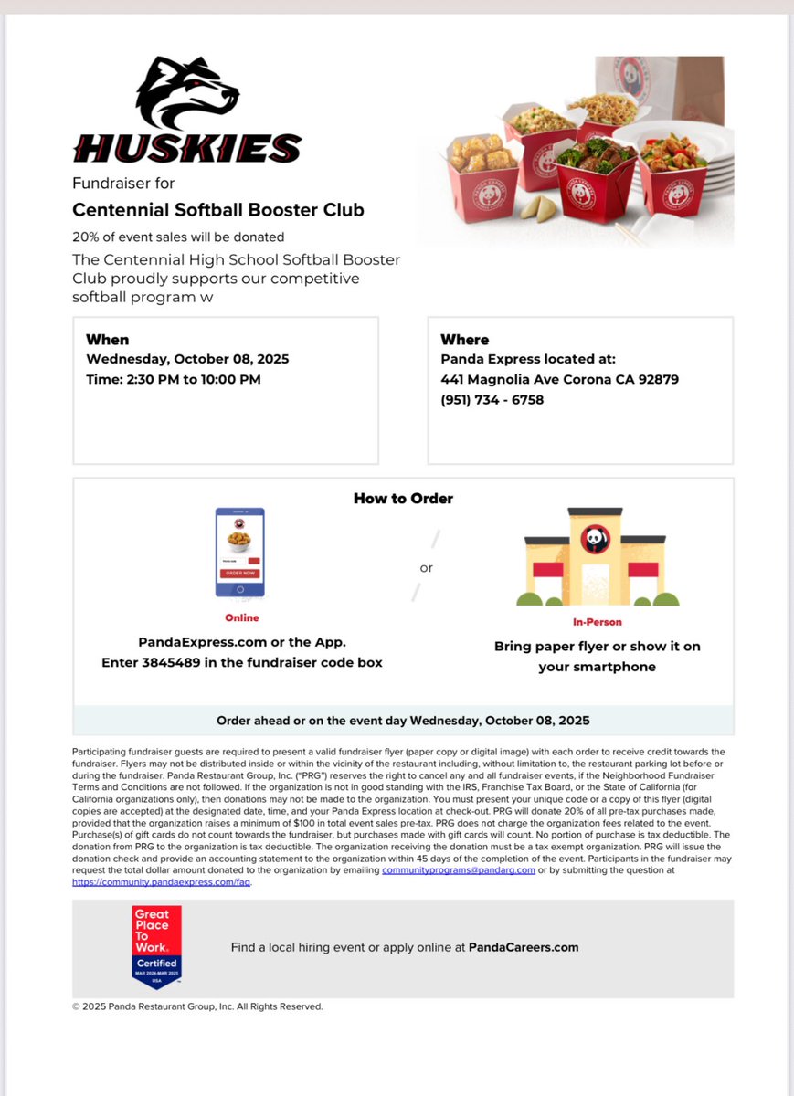 Come out and support your husky softball program by eating at Panda Express anytime from 2:30 - 10:00 🥎❤️🖤💪