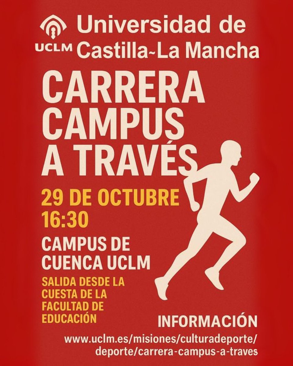 La #UCLM en su campus de #Cuenca organiza el próximo 29 de octubre  la #CarreraSolidaria "Campus a Través".
La carrera con un recorrido aproximado de 3 km.  y tiene carácter benéfico, lo recaudado irá a favor de la Cruz Roja
¡Anímate a participar!
uclm.es/misiones/cultu…