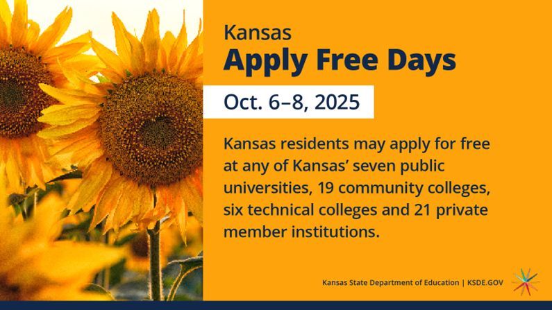ksdehq's tweet image. Today is the last day for any Kansas resident to apply for free to any of Kansas’ seven public universities, 19 community colleges, six technical colleges and 21 private member institutions.
For more information, click here: buff.ly/YAecHbO