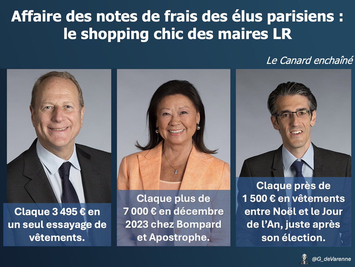 🔴 ALERTE INFO - Notes de frais : Le Canard enchaîné dévoile de surprenantes dépenses vestimentaires des maires LR de Paris

Le Canard enchaîné révèle que Jeanne D’HAUTESERRE (LR) a « claqué plus de 7 000€ » chez les cachemires Bompard et Apostrophe rien que pour le mois de