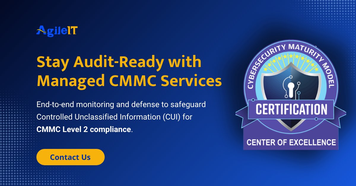 Agile_IT's tweet image. Stay audit-ready—without the stress.
Our managed #CMMC services help safeguard #CUI with continuous monitoring and defense, supporting Level 2 compliance readiness.

Contact us: na2.hubs.ly/H01tfXr0

#msp #agileit #cybersecurity