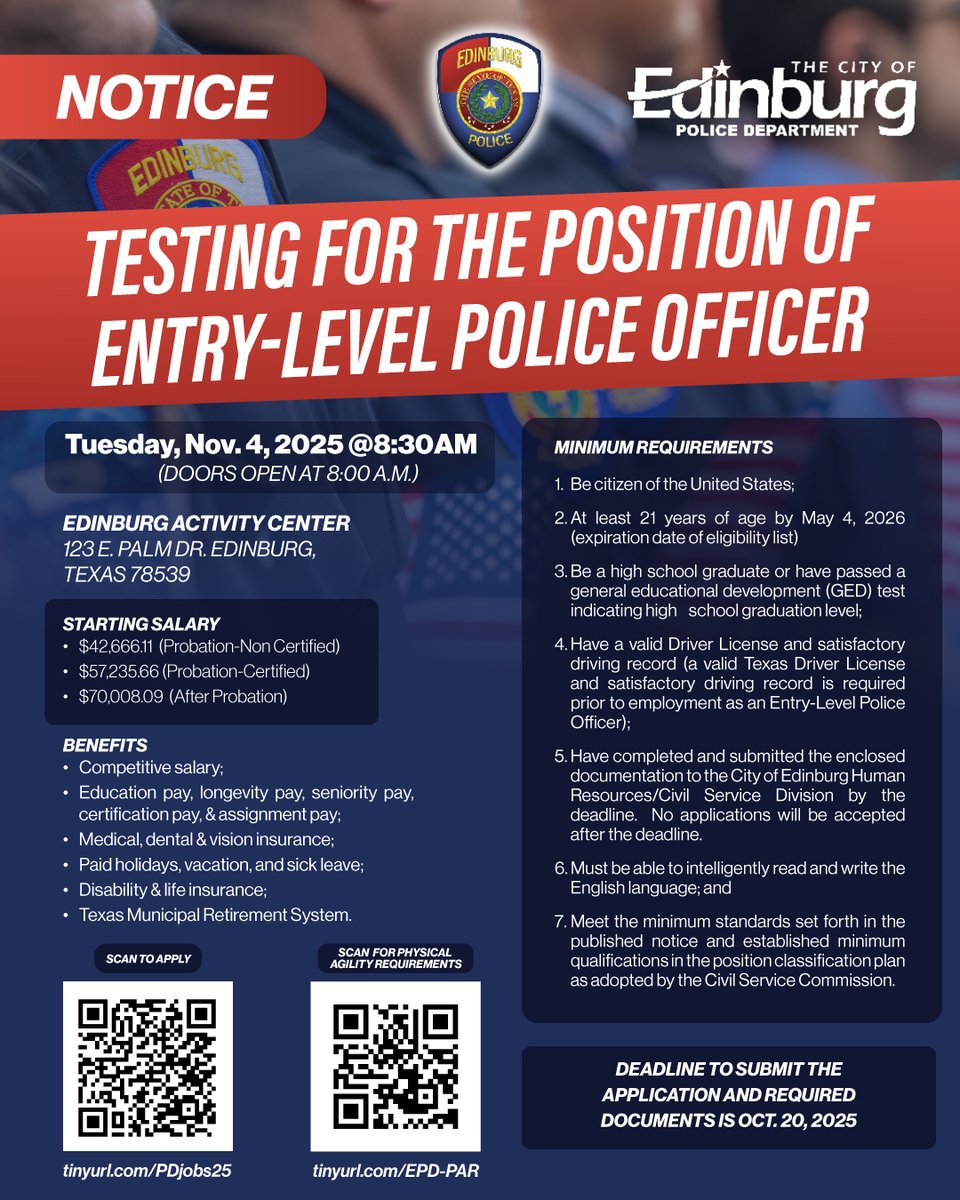 EdinburgPd's tweet photo. Ready to make a difference? Join the team at Edinburg PD! Apply to take the entry-level Police Officer exam and start a rewarding career with benefits while serving Edinburg.
📅 Exam Date: Nov. 4
📍 Activity Center, 123 E. Palm Dr
📝 Apply by 10/20 — scan the QR code! https://t.co/mI4FEMX2XC