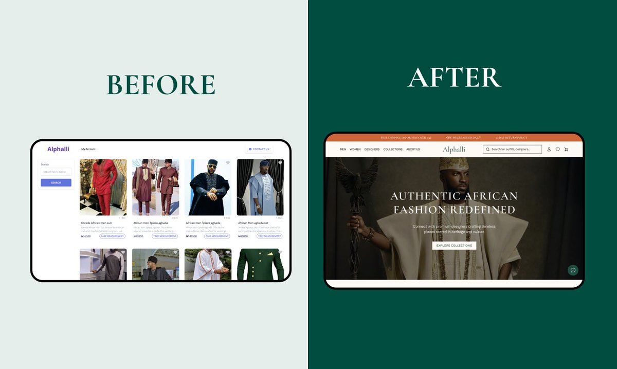 mlkayyyyy's tweet photo. Recently worked on a redesign assignment for Alphalli, a global online marketplace that connects customers with authentic African fashion designers.

Let me know what you guys think✨ https://t.co/4VSkd4Ly91
