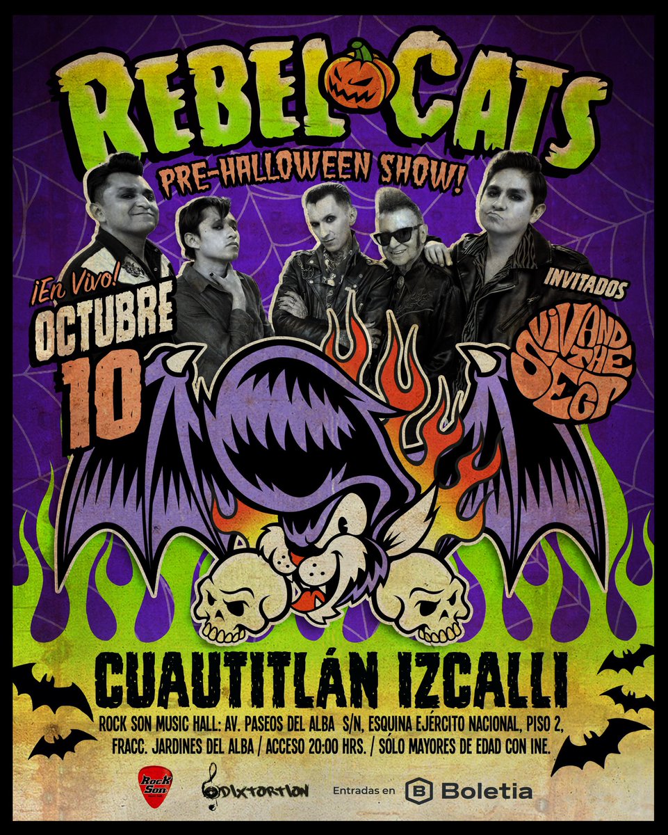 🚨Cuautitlán Izcalli🚨

¡Les esperamos este viernes en <a href="/RockSon__/">Rock Son</a> para seguir festejando nuestro XX Aniversario y empezar con las fiestas de pre-Halloween! Habrá sorpresas para el mejor disfraz 🎃

Invitados <a href="/VivandTheSect/">Viv and The Sect</a> 🎸🔥

Boletos en rebel-cats-pre-halloween.boletia.com