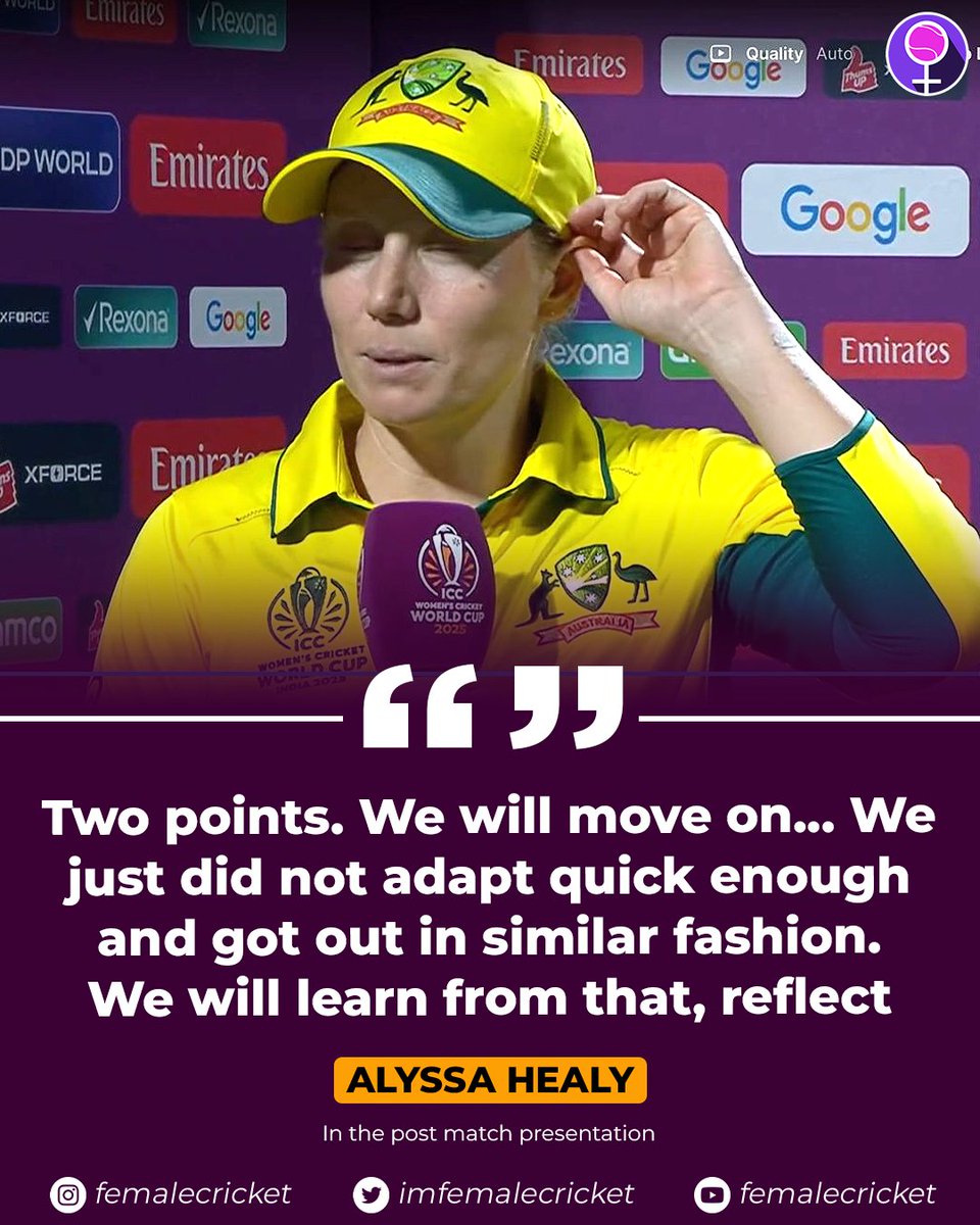 imfemalecricket's tweet image. 🗣 "𝐓𝐰𝐨 𝐩𝐨𝐢𝐧𝐭𝐬. 𝐖𝐞 𝐰𝐢𝐥𝐥 𝐦𝐨𝐯𝐞 𝐨𝐧"

~ Alyssa Healy reflects on Pakistan game! 🏏

#CricketTwitter #CWC25 #AUSvPAK