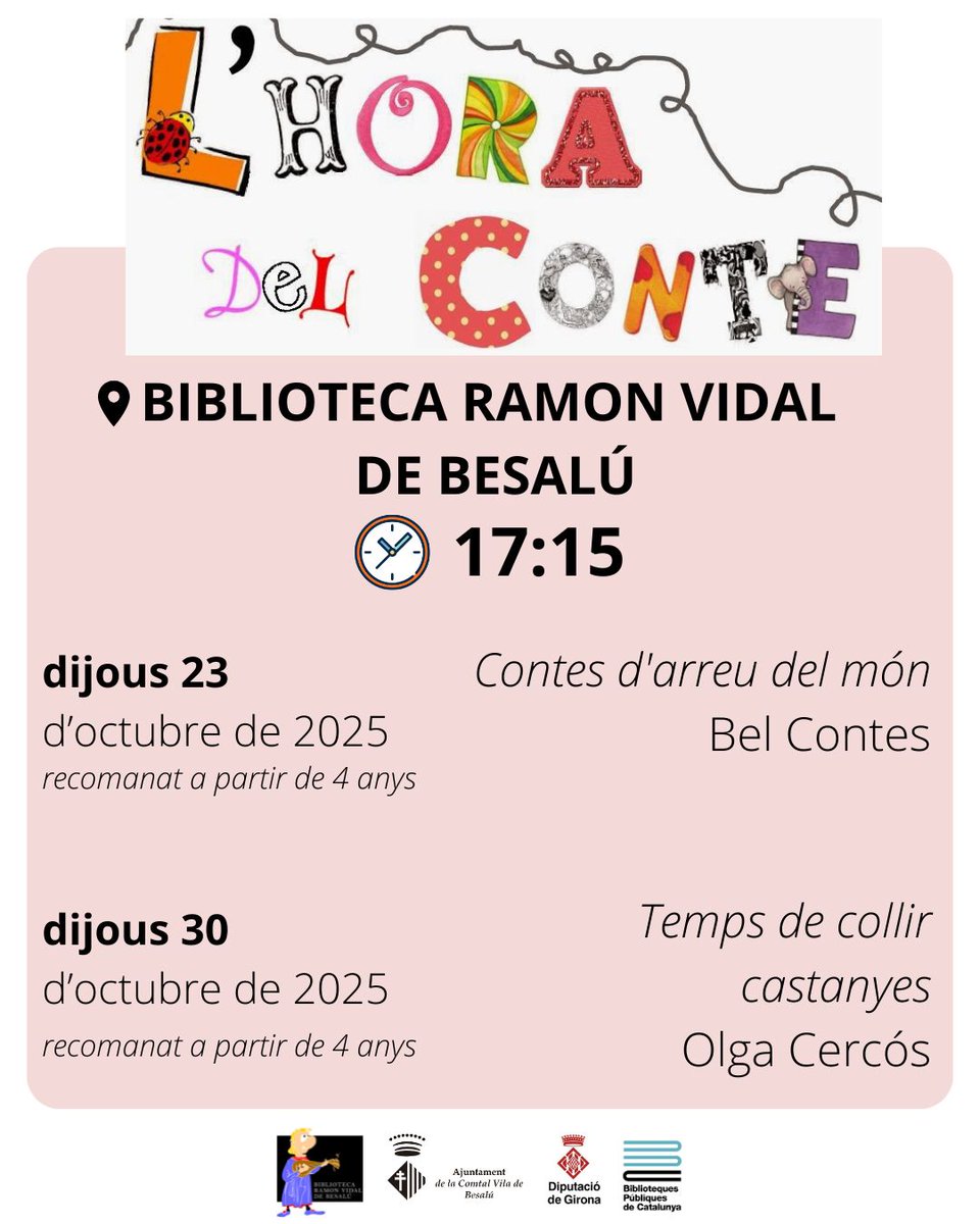 bibliobesalu's tweet photo. Torna l'hora del conte a la biblioteca de Besalú!
Us esperem el dijous 23 i el dijous 30 d'octubre a un quart de sis de la tarda amb els braços ben oberts.
Edat recomanada: a partir de 4 anys.
#quefemalesbiblios
#horadelconte
#contesinfantils
@belcontacontes
@Aj_Besalu https://t.co/hOvgcmOJZP