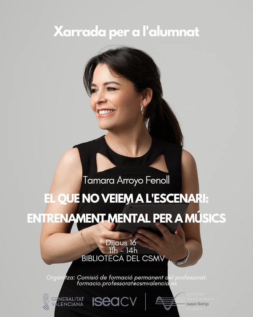 Des de la Coordinació de formació del professorat del CSMV volem d'informar-te de la realització d'aquesta acció formativa adreçada exclusivament a l'alumnat del nostre centre:
🎉 Xarrada: El que no veiem a l'escenari: entrenament mental per a músics
🗣️ Tamara Arroyo
📆 16 oct
