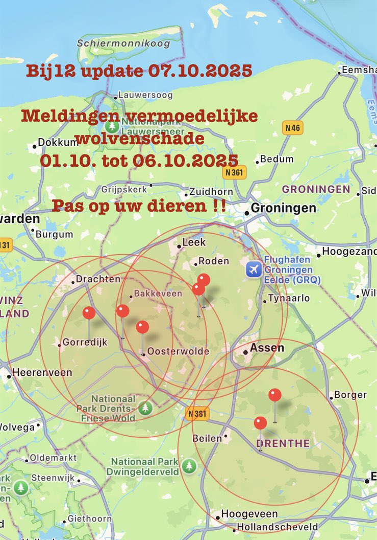 Bij12 update 07.10.2025

Meldingen vermoedelijke wolvenschade 
01.10. tot 06.10.2025

Pas op uw dieren !! #wolf #wolven
