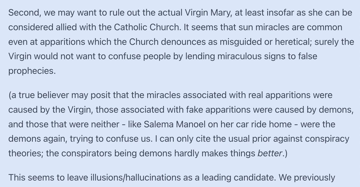 Re-read Scott Alexander's Fatima post (why not?) and I think this is where his analysis goes astray - after realizing there were a bunch of "echo" miracles like the initial case, not all church-approved, he decides that *strengthens* a skeptic's case. 
astralcodexten.com/p/the-fatima-s…