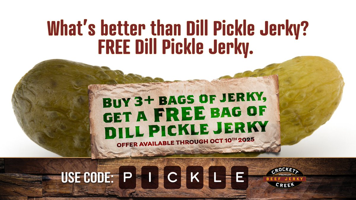 Get your FREE Dill Pickle Jerky today! 👉 crockettcreek.com/shop-jerky/

DISCOUNT CODE: PICKLE
Valid through Oct 10th, 2025