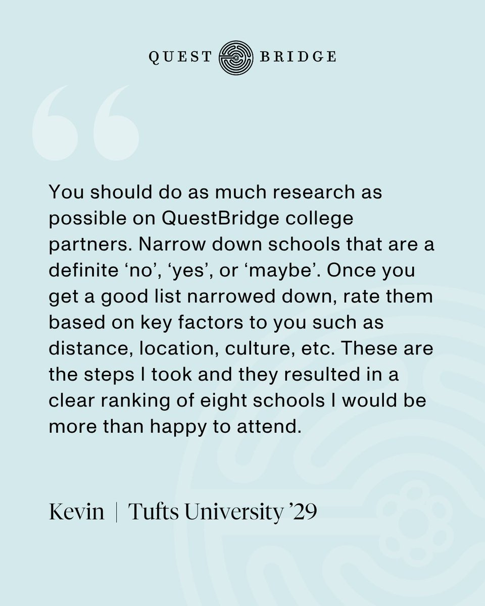 QuestBridge's tweet image. 🔎 Discover how QuestBridge Scholars found their best-fit colleges and built their rankings lists.

National College Match applicants: Match Rankings Forms are due on October 16. Start your rankings list now!