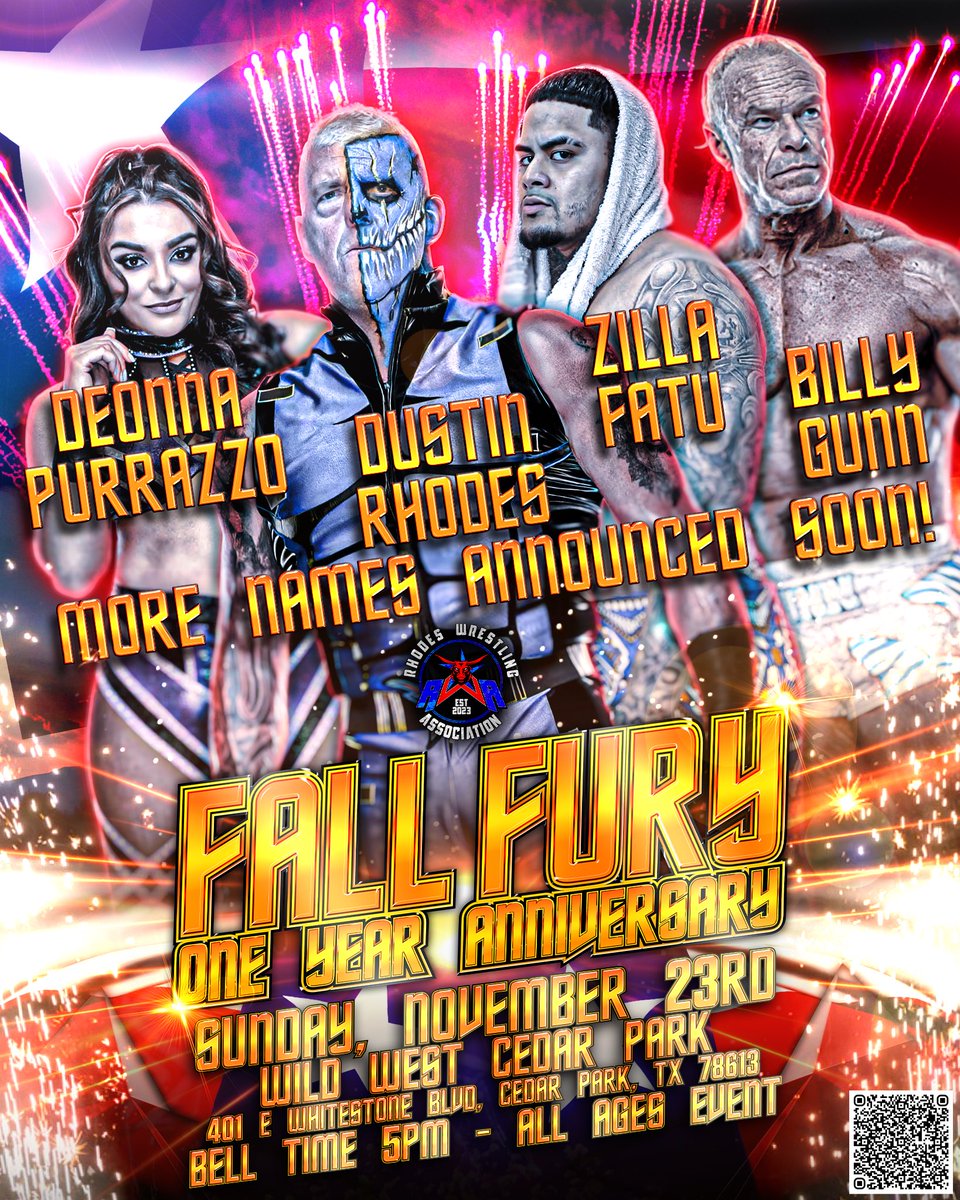 November 23rd is our HUGE 1 YEAR ANNIVERSARY SHOW #FallFury2
Get your tickets early!!!!
Sunday at 5pm central 

VIP-3:00 with meet and greet/ and merch bundle

General-4:00
Showtime- 5:00

BIG NAMES AND BIG FUN! 
Different venue in #CedarParkTx at #WildWest in the Yard!

Hurry