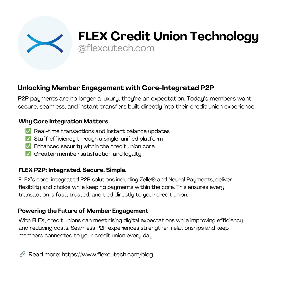 P2P is no longer optional, it’s expected.

FLEX integrates Zelle® + Neural Payments directly into your core system for faster, safer, more engaging member experiences.

🔗 flexcutech.com/blog

#FLEXCUTech #P2PforCreditUnions #CoreIntegration
hubs.ly/Q03MP8K-0