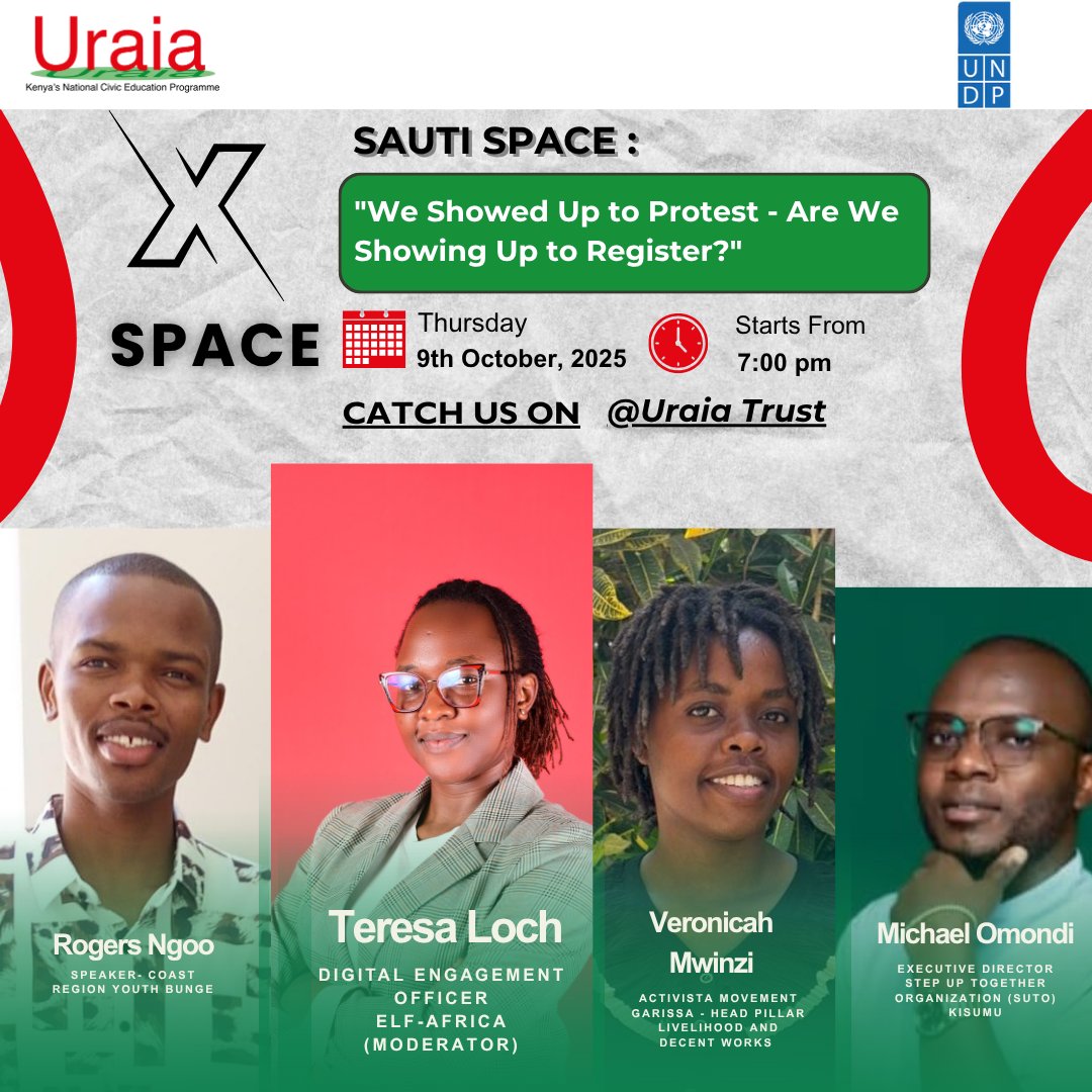 UraiaTrust's tweet image. 🗳️ Why aren’t young people showing up to register as voters?

Join us this Thursday, 9th Oct, 7PM (EAT) on #SautiSpace hosted by @UraiaTrust with @UNDPKenya  &amp;amp; @Badili_A .

Let’s talk youth, democracy &amp;amp; voter action!
#YouthVoteKE #MyVoiceMyVote #thegenzagenda