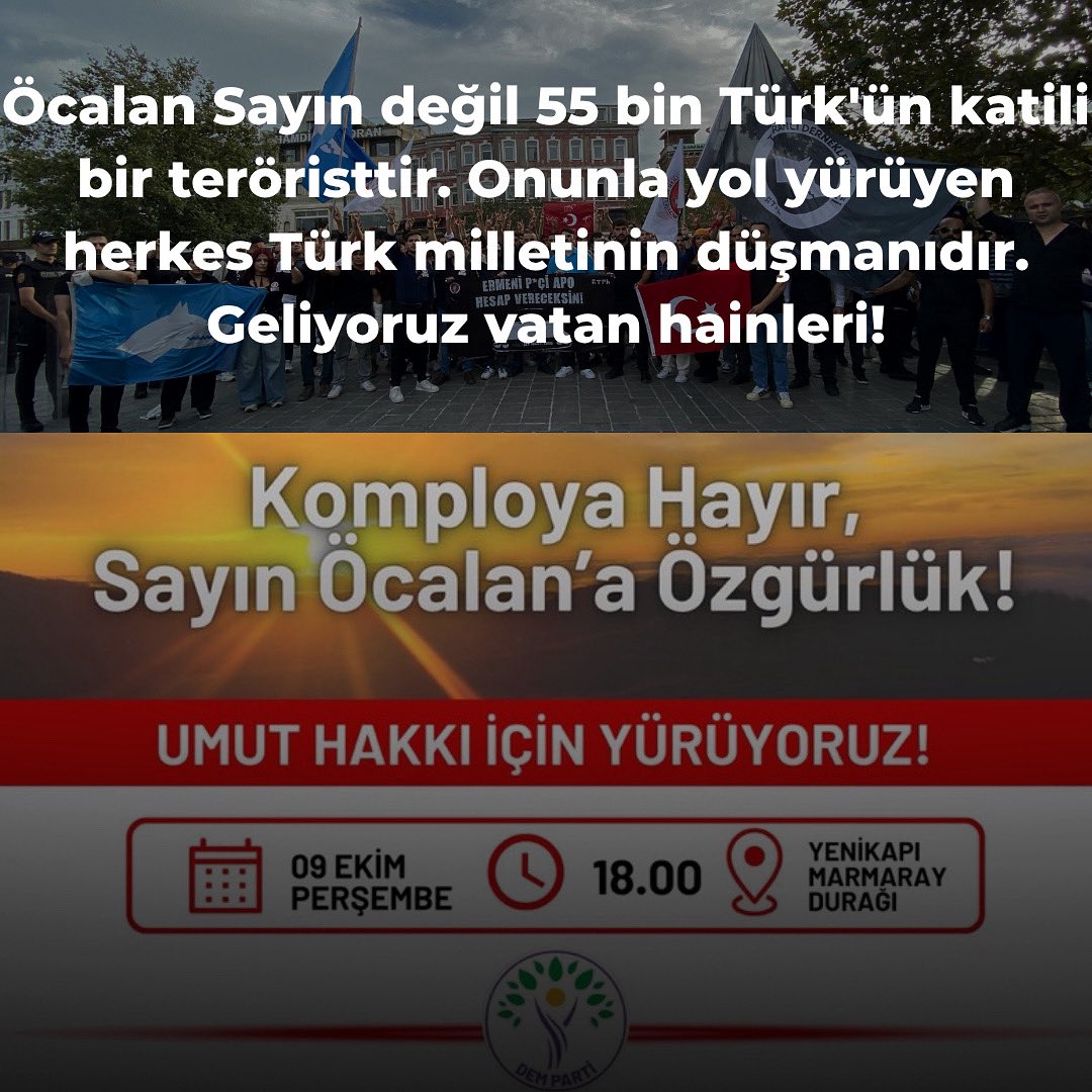 turancibirlik's tweet image. Öcalan Sayın değil 55 bin Türk&apos;ün katili bir teröristtir. Onunla yol yürüyen herkes Türk milletinin düşmanıdır.
Geliyoruz vatan hainleri!
Saat 17.00 Yenikapı Marmaray Durağı

#TurancıDerneklerBirliği
