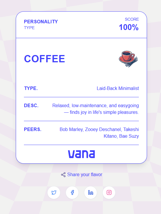 cointubetr's tweet photo. If I was an Ice Cream Flavour, I'd be Coffee, Relaxed, low-maintenance, and easygoing — finds joy in life's simple pleasures.. @vana 
Taste your data: https://t.co/B1iSs8cNoH #datarevolution https://t.co/8Smw7pZIxS