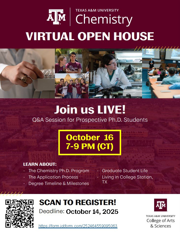 Chemistry Department (@tamuchemistry) on Twitter photo The Texas A&M Chemistry Department is excited to announce our Virtual Open House for prospective graduate students happening on Oct. 16, 2025. Register for the event using the the link below. Registrants will receive information about the event by email. form.jotform.com/252464559095063 The Texas A&M Chemistry Department is excited to announce our Virtual Open House for prospective graduate students happening on Oct. 16, 2025. Register for the event using the the link below. Registrants will receive information about the event by email. form.jotform.com/252464559095063