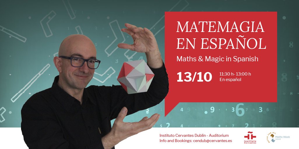 En #MathsWeekIreland ofrecemos un espectáculo para estudiantes de secundaria que aprenden español.
🧮Fernando Blasco mezcla magia y matemáticas: criptografía, nudos imposibles y trucos con cartas.
🎟️Plazas limitadas. Reserva: cendub@cervantes.es cultura.cervantes.es/dublin/es/mate…