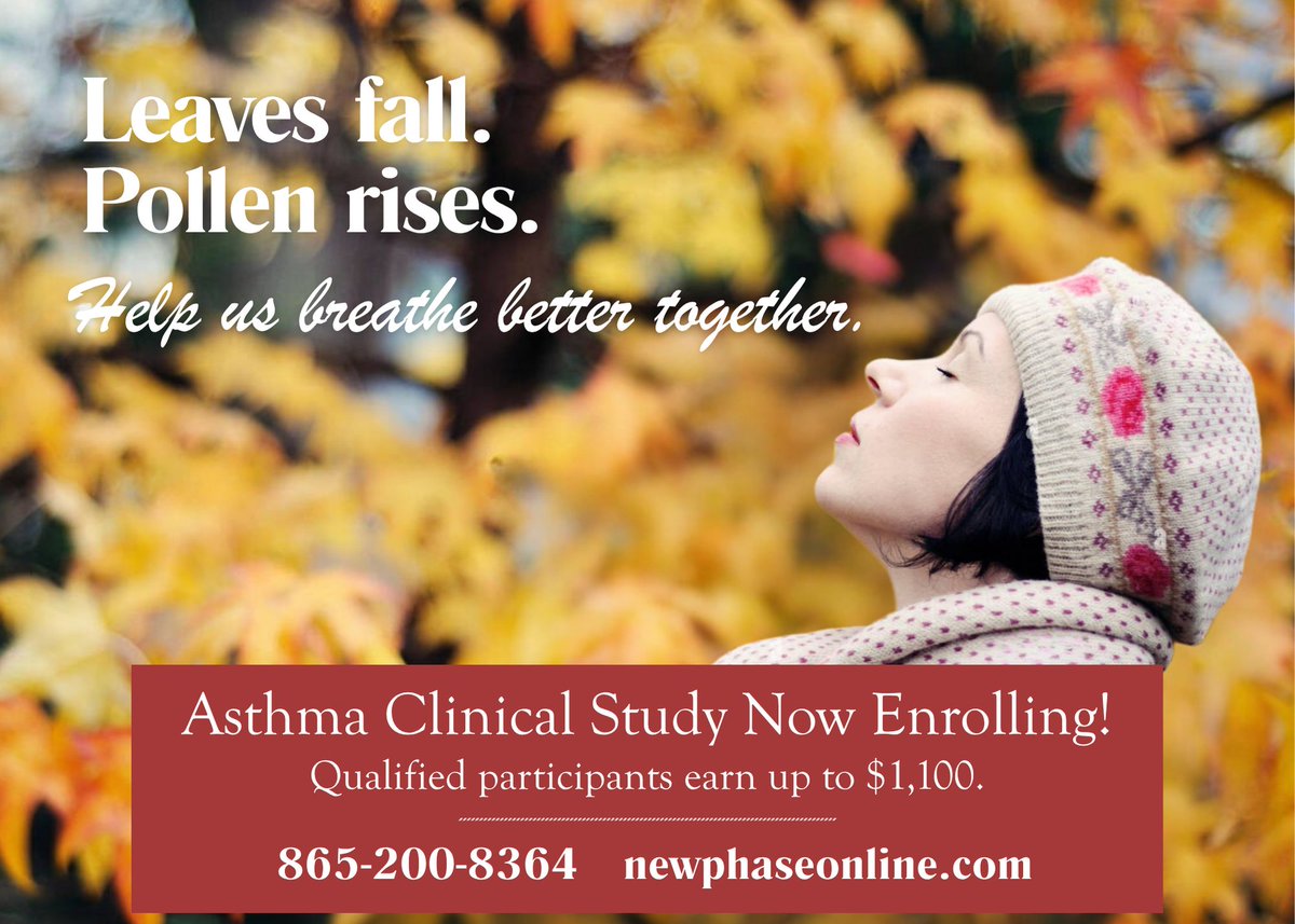 ❓Did you know❓
Knoxville ranks among the worst US cities for fall #allergies! If #asthma hits hardest this season, help advance research that can make breathing easier for everyone.🍁

Qualified participants may be compensated up to $1,100! Apply today: newphaseonline.com/enrolling-stud…
