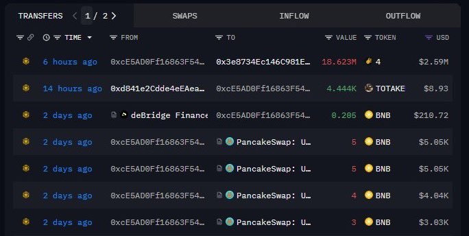 Screenshot of wallet transfers and swaps on BNB Chain involving meme tokens
