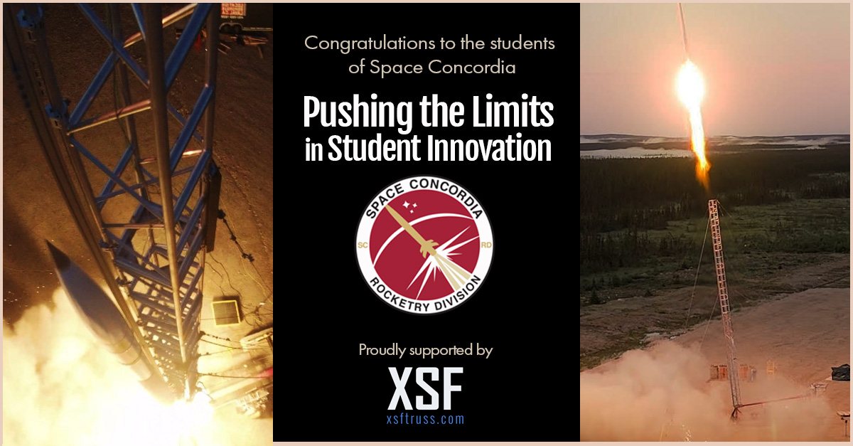 XSFtruss's tweet photo. 🚀The students at @SpaceConcordia 🚀
achieved a major milestone with their first full-scale rocket launch. 
Powered by innovation and supported by an XSF donated truss on their launch tower. Congratulations!
Learn more at https://t.co/cgXOFwjh50 https://t.co/S0lzA5t3aU